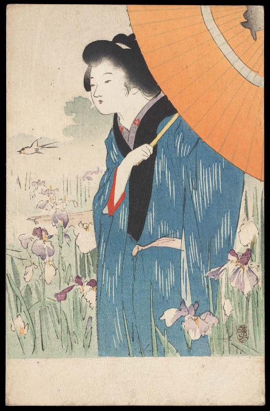 Woman Holding Umbrella in Iris Garden from the series Compendium of Fashionable Women (Imayo fûzoku biyô shû)