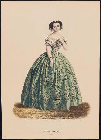 Print illustrating a design for a woman's woven silk skirt