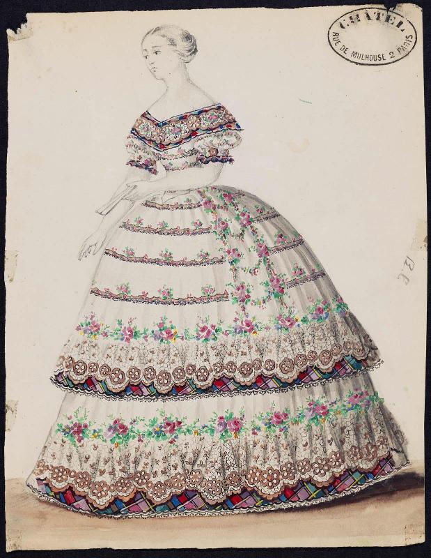 Preparatory or design drawing for a woman's dress