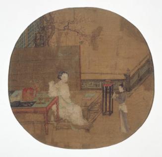 Lady watching a maid with a parrot