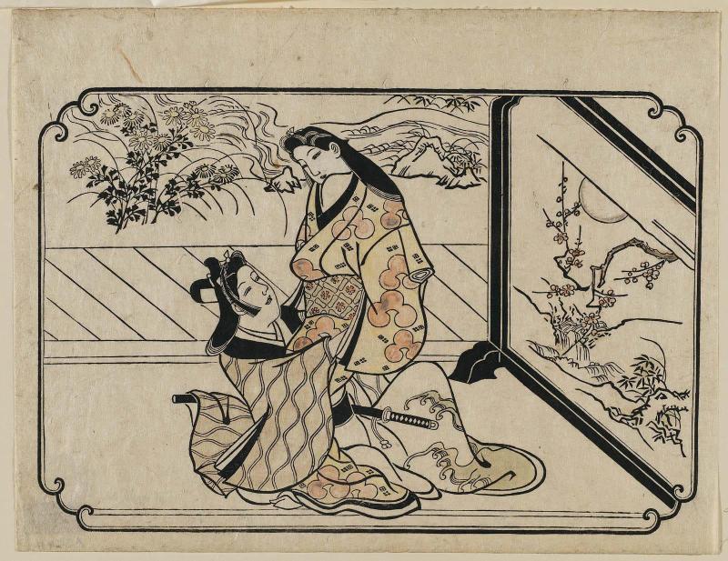 Young Man and Courtesan by a Standing Screen, from an untitled series of twelve erotic prints