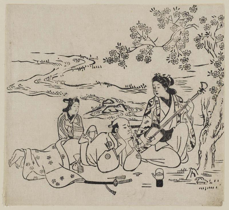 Man and Servant Listening to Woman Playing Shamisen under a Cherry Tree, from an unidentified book