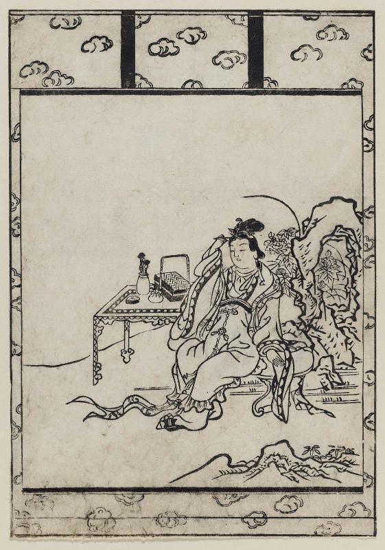 Chinese Woman in a Garden,.with Hanging Scroll Mounting, from an unidentified book