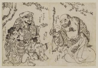 Hotei, Daikoku, and Ebitsu and Chinese Children, from an unidentified picture book of the Seven Gods of Good Fortune (Shichifukujin)