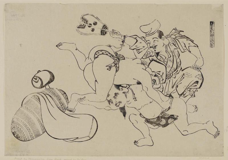 Fukuroku Wins by a Head (Osumai wa Fukuroku no ire-kubi), from an untitled series of the Seven Gods of Good Fortune in the pleasure quarters