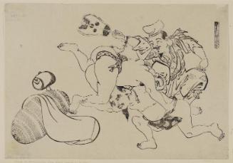 Fukuroku Wins by a Head (Osumai wa Fukuroku no ire-kubi), from an untitled series of the Seven Gods of Good Fortune in the pleasure quarters