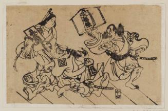 Actors Yamanaka Heikurô I as Dazainojô, Ichikawa Danjûrô I as Fuwa Banzaemon, and Sodeoka Masanosuke II as His Wife Fujigae