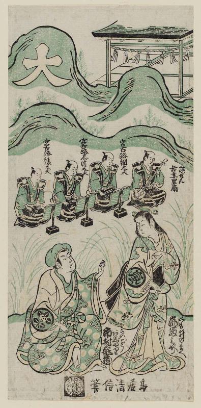 Actors Arashi Tominosuke I as Kumoinomae and Ichimura Kamezô I as Raigô Ajari, with musicians