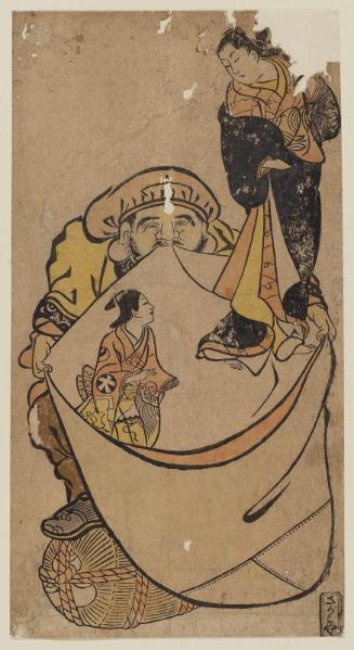 Daikoku Holding a Bag with a Courtesan and Kamuro Emerging from It