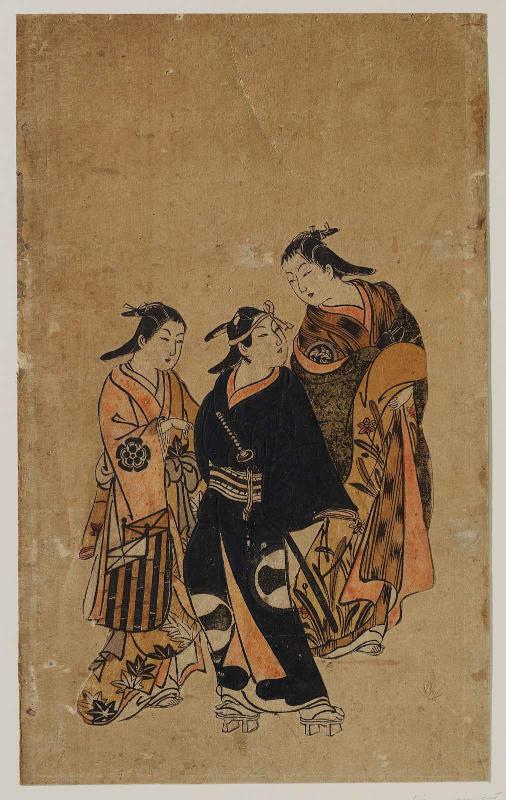 Actor Ichikawa Monnosuke I with two unidentified actors in female roles