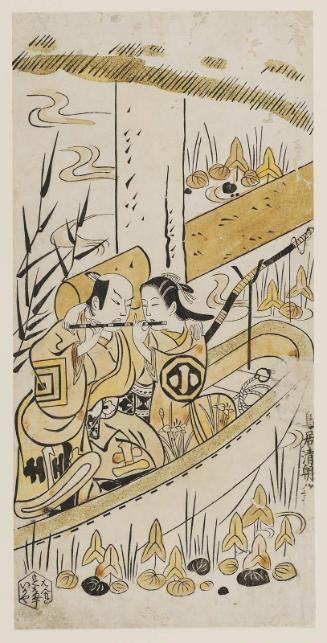 Actors Ichikawa Danjuro II and Arashi Koroku I as Lovers Playing a Flute Together in a Boat