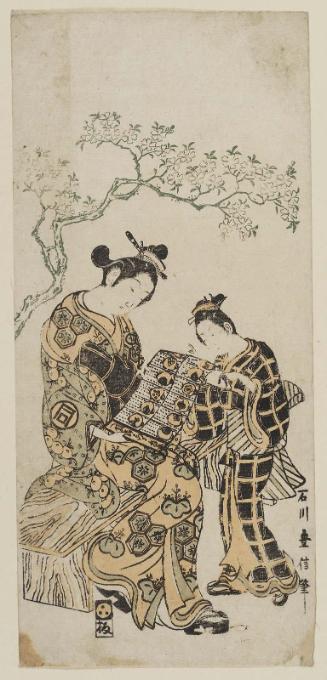 Actor Sanogawa Ichimatsu I as a Courtesan Looking at Calender, with a Kamuro
