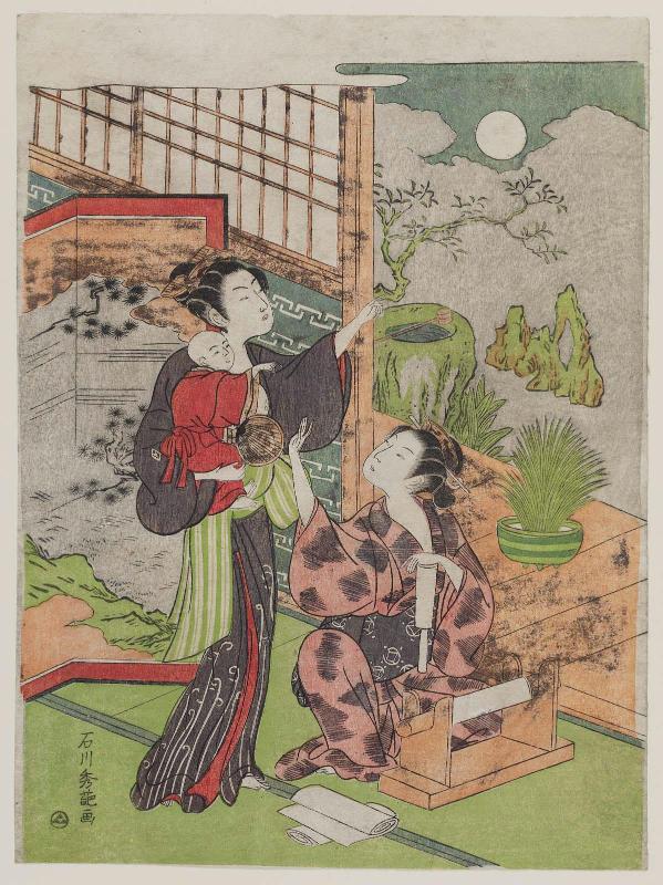 Women and Baby Admiring Autumn Moon