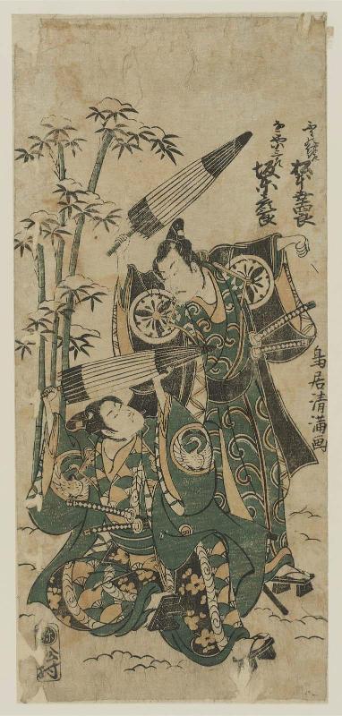 Actors Matsumoto Kôshirô III as Fuwa no Bansaku and Bandô Hikosaburô II as Nagoya Kosaburô