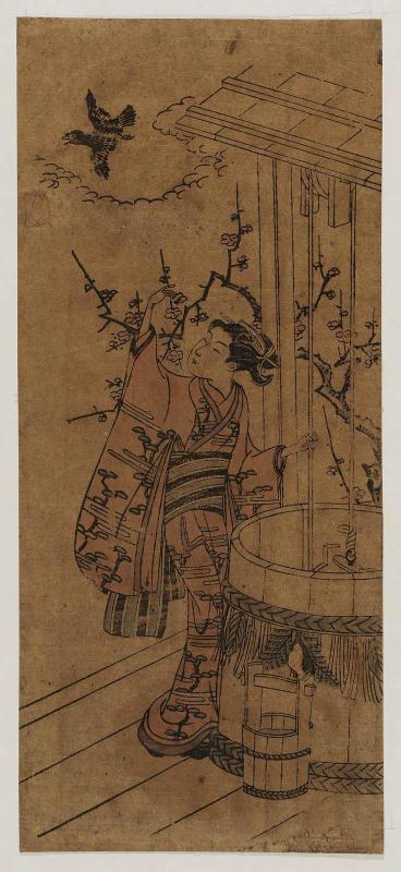 Young Woman Drawing Water at a Well as a Crow Flies Overhead