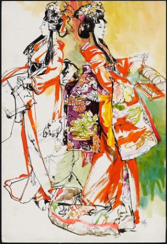 Two figures in Japanese kimonos