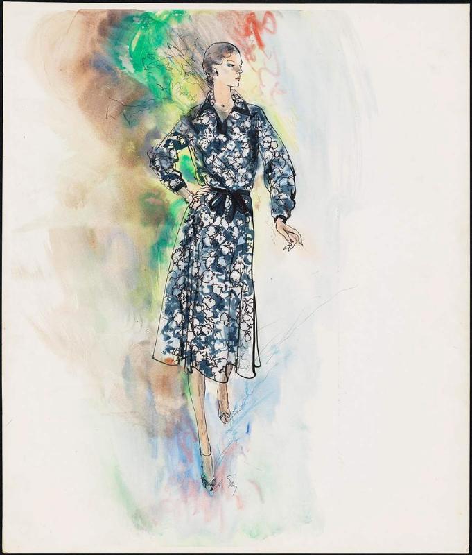 Woman in print dress