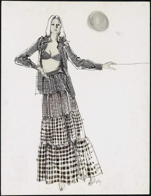 Woman in checked summer dress