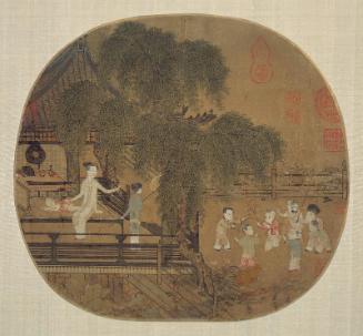 Women and children by a lotus pond