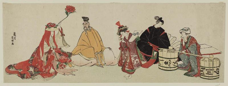 Poetic Immortals Narihira and Hitomaro with Modern Women