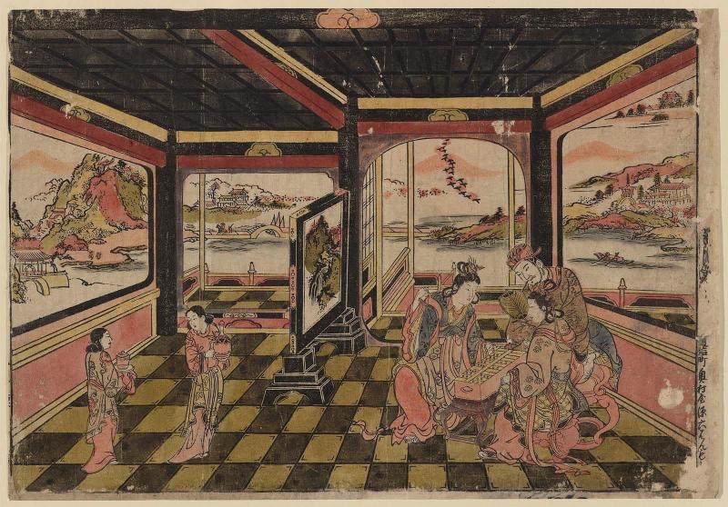 Chinese Figures in a Pavilion Playing Sugoroku