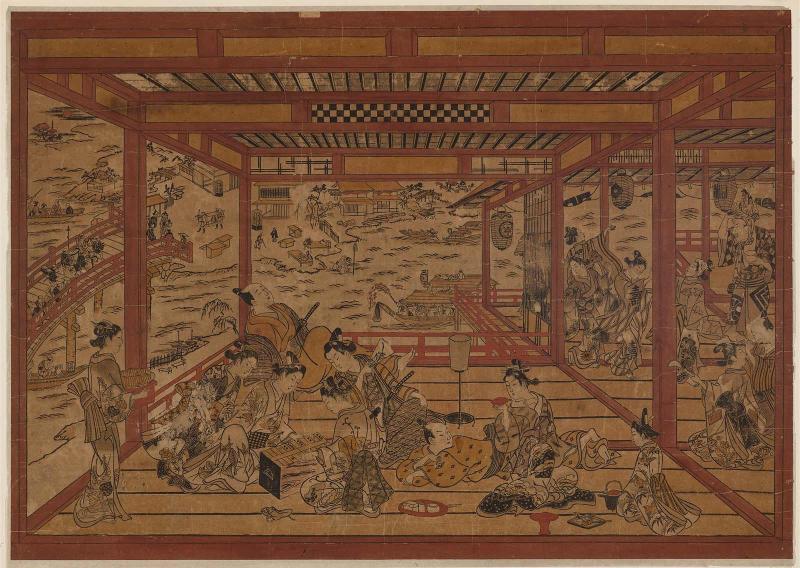 Cooling off at Ryôgoku Bridge, a Large Perspective Picture (Ryôgoku-bashi yûsuzumi ô-uki-e)