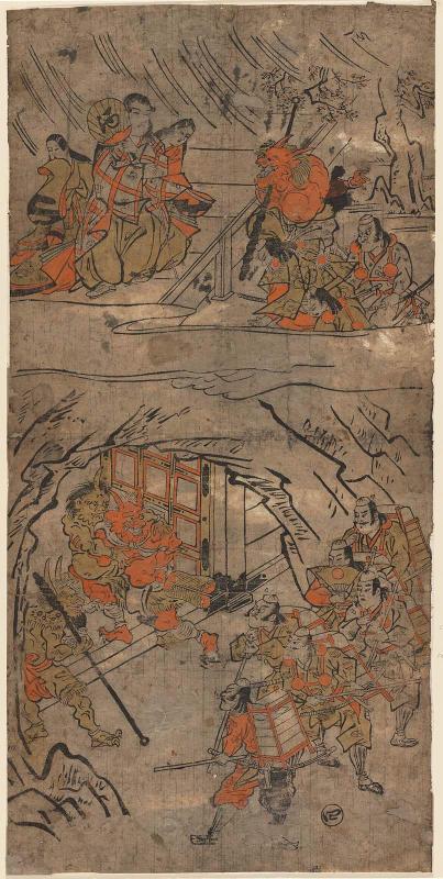 Yorimitsu and His Retainers at the Entrance to Shutendôji's Cave (below) and Yorimitsu Paying His Respects to Shutendôji (above), No. 4 from an untitled series of the adventures of Yorimitsu