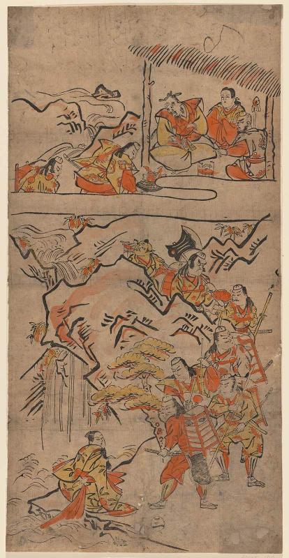 Yorimitsu and His Retainers Meet the God of Sumiyoshi (above) and a Woman Washing Bloodstained Clothes (below), No. 3 from an untitled series of the adventures of Yorimitsu