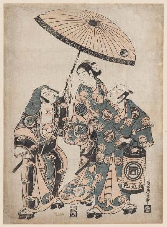 Actors Sawamura Sôjûrô II as an Otokodate, Sanogawa Ichimatsu I as Shirotae, and Fujikawa Heikurô as Sekai Konohei