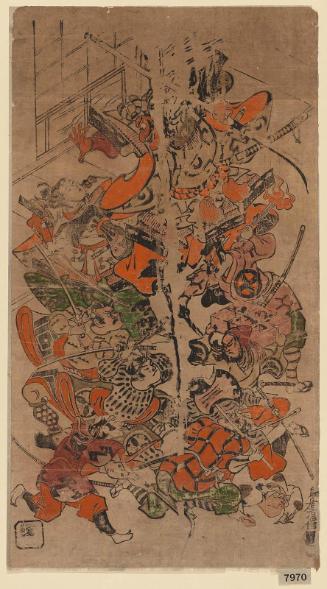 Actors Yamanaka Heikurô I, with Ôtani Hiroji I, Nakajima Mihoemon I, and others, fighting Nakamura Takesaburô I (?), with Ichikawa Danjûrô II, Matsumoto Koshirô, and Hayakawa Dengorô as his followers