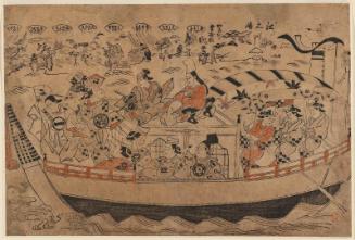 Actors on a Pleasure Boat, with Enoshima, the Pine Tree of Kanaoka's Discarded Brush (Kanaoka fudesute matsu), and the Eight Views: Evening Bell at a Distant Temple, Clearing Weather in a Mountain Village, Night Rain on the Xiao and Xiang, Sunset Glow at a Fishing VIllage, Descending Geese on a Sandbar, Autumn Moon on Lake Dongting, Evening Snow on the River (Enji no banshô, Sanshi no seiran, Shôshô yoru no ame, Gyoson no sekishô, Heisa no rakugan, Enpo no kihan, Dôtei aki tsuki, Kôten no bosetsu)