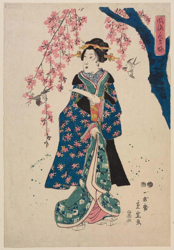 Beauty under Weeping Cherry, from the series (?) Fashionable Songs of Flowers and Birds (Fûryû kachô nagame)
