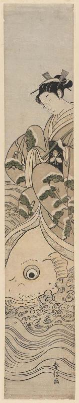 Woman Holding a Fishing Pole and Riding a Carp; Parody of the Immortal Qin Gao (Kinkô sennin)