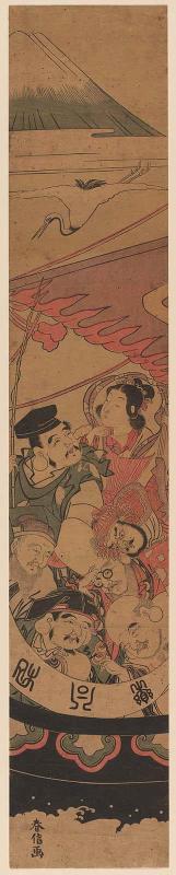 The Seven Gods of Good Fortune in the Treasure Boat, with a Crane and Mount Fuji