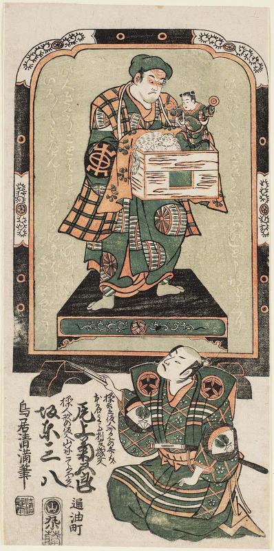 Actors Onoe Kikugorô I as the Puppet-play Narrator (Ayatsuri iitate yakunin) Kana no Bensuke, Real Name (Honmyô) Shume no Hôgan Morihisa, and Bandô Sanpachi I as the Puppeteer (Ayatsuri ningyô no yakunin) Yamaneko Dekurobei