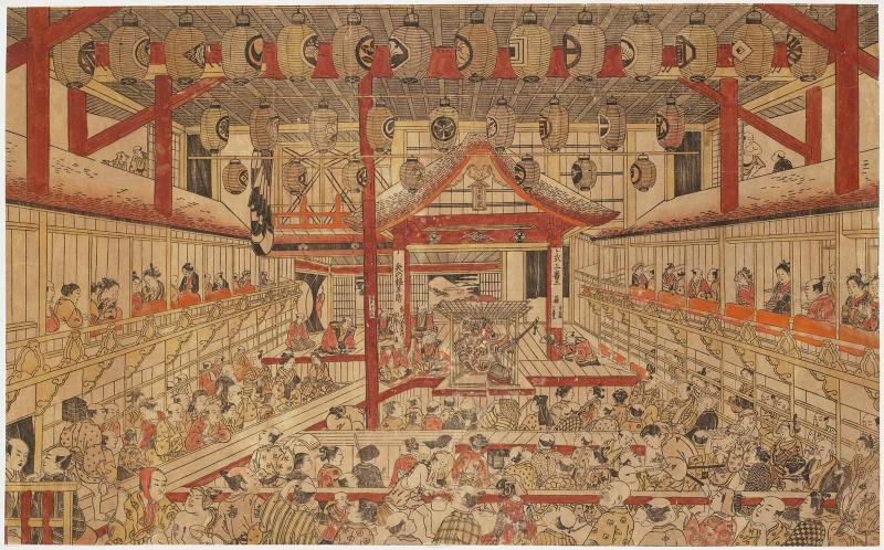 Large Perspective Picture of a Kaomise Perfomance on the Kabuki Stage (Shibai kyôgen butai kaomise ô-uki-e)