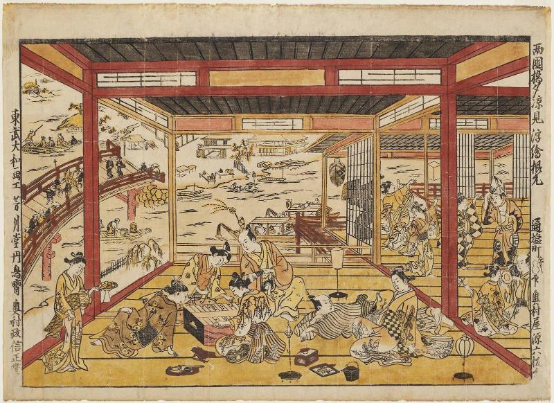 Enjoying the Cool of the Evening at Ryôgoku Bridge, an Original Perspective Print (Ryôgoku-bashi yûsuzumi uki-e kongen)
