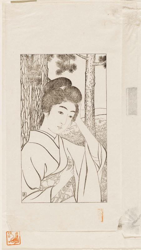 Keyblock print for A Flower for the Hair (Kazashi no hana),  frontispiece illustration from the literary magazine Shin shôsetsu, vol. 20, no. 6