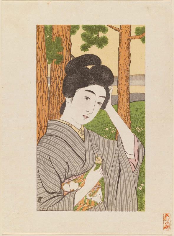 A Flower for the Hair (Kazashi no hana),  frontispiece illustration from the literary magazine Shin shôsetsu, vol. 20, no. 6