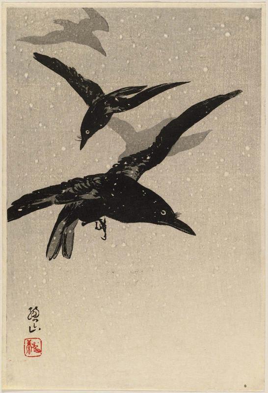 Crows Flying in Snowstorm