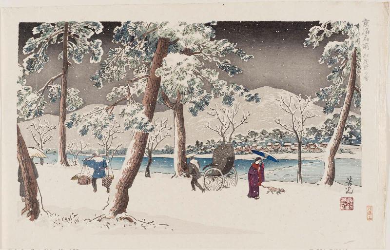 Snow on the Kamo River Embankment (Kamo tsutsumi no yuki), from the series Famous Places in and around Kyoto (Kyôraku meisho)