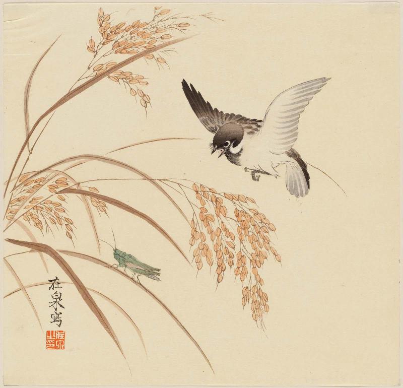 Sparrow, Grasshopper, and Rice Ears
