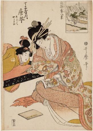 Night Rain (Yoru no ame): Karakoto of the Chôjiya, kamuro Ageha and Yayoi, from the series Eight Views of Visits to the Flourishing Pleasure District (Kayoi kuruwa sakari hakkei)