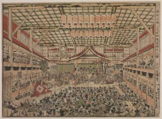 Kabuki Play at the Three Great Theaters, a Newly Published Perspective Print (Shinpan uki-e san shibai Kabuki kyôgen no zu)
