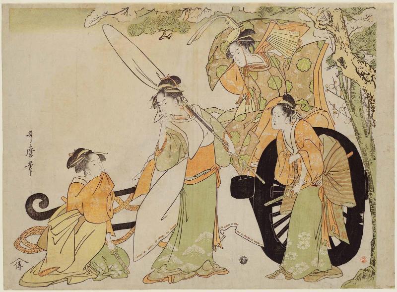 Four Beauties in a Parody of the Carriage-pulling Scene (Kurumabiki)