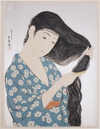 Woman in Blue Combing Her Hair