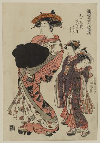 Azumaya of the Matsuganeya, kamuro Wakaki and Wakaba, from the series Models for Fashion: New Year Designs as Fresh as Young Leaves (Hinagata wakana no hatsu moyô)
