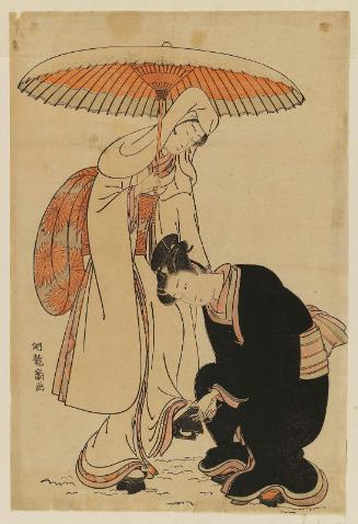 Young Man Removing Snow from Woman's Geta