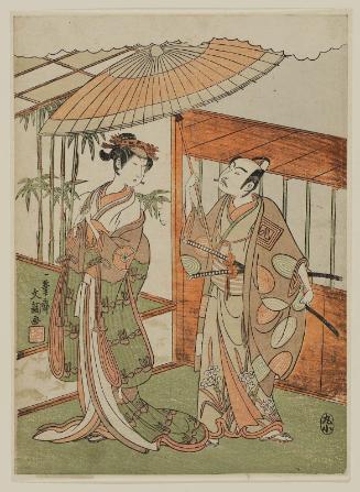 Actors Ichikawa Yaozô II as Kon'ya Tokubei (?) and Iwai Hanshirô IV as Kuretake