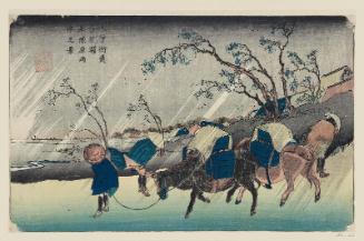 No. 20, Kutsukake Station:  Rain on the Plain of Hiratsuka (Kutsukake no eki, Hiratsuka hara uchû no kei), from the series The [Sixty-nine Stations of the] Kisokaidô Road